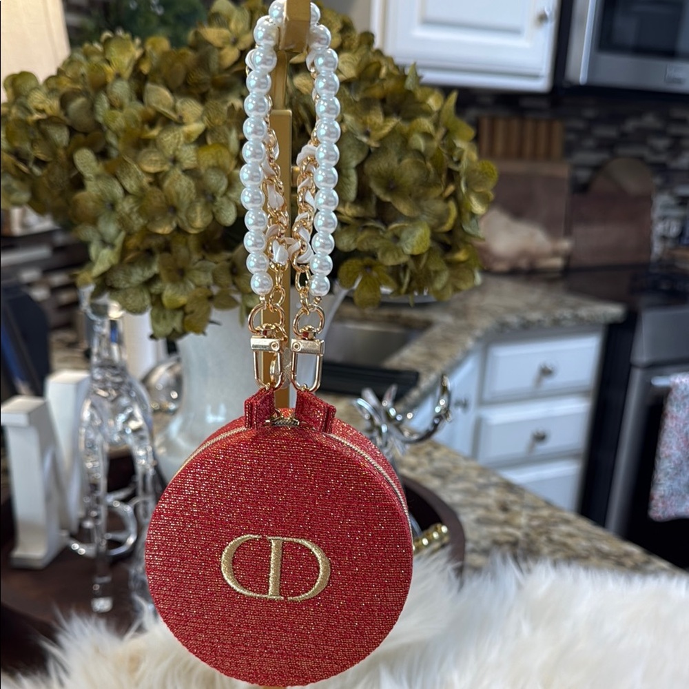 Dior Beauty Red and Gold Vanity Bag with Pearl Handle